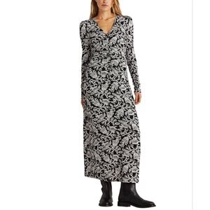 Boden RUCHED JERSEY MIDI DRESS Sz 8 BLACK WHITE V Neck FLORAL Long Sleeve EUC